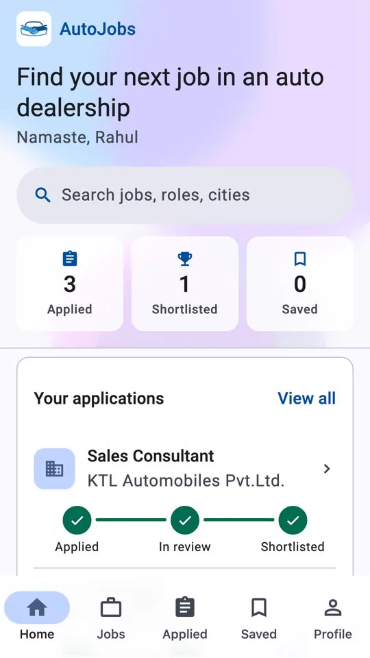 AutoJobs home screen: search, application counts and an application moving from applied to shortlisted.