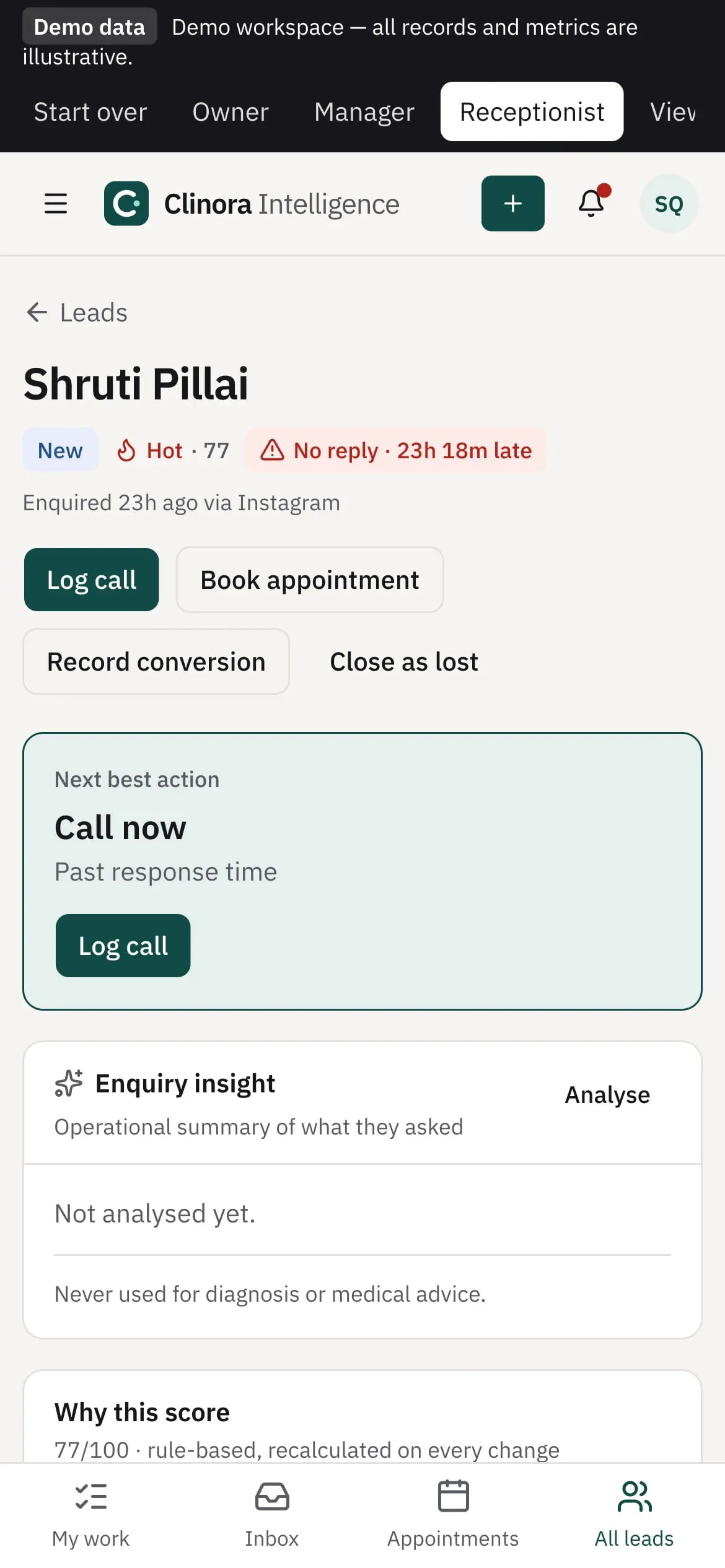 Phone screen of a lead with a red No reply pill and the next best action, Call now.