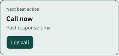 Next best action card: Call now, past response time, Log call