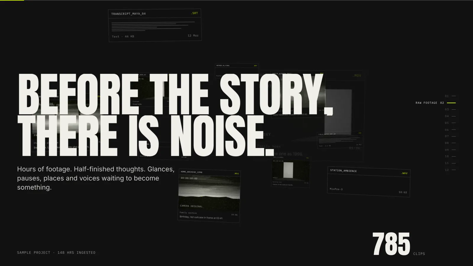 The archive chapter, clips laid out in CSS 3D depth.