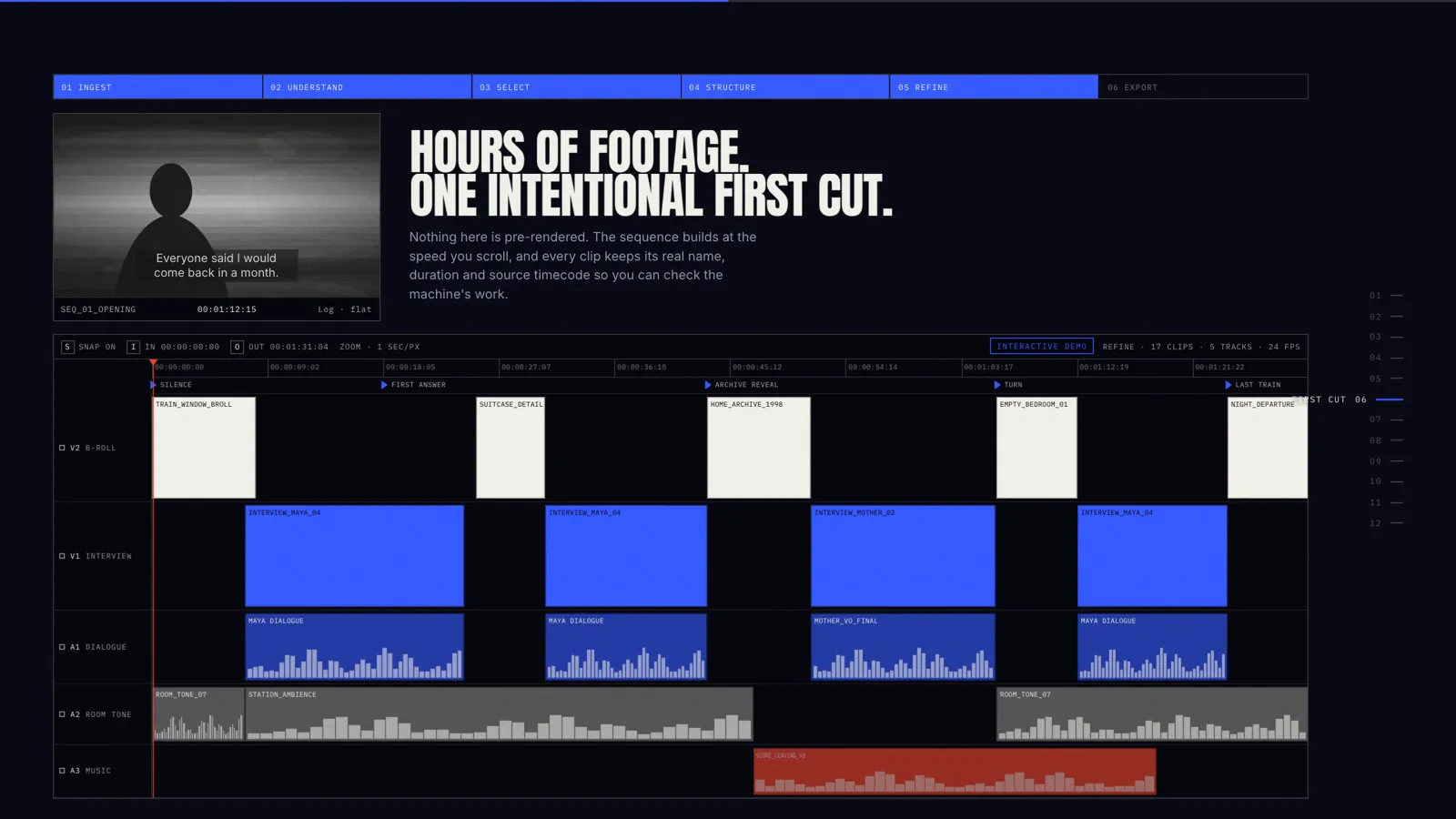 Timeline chapter with clips assembling into a sequence.