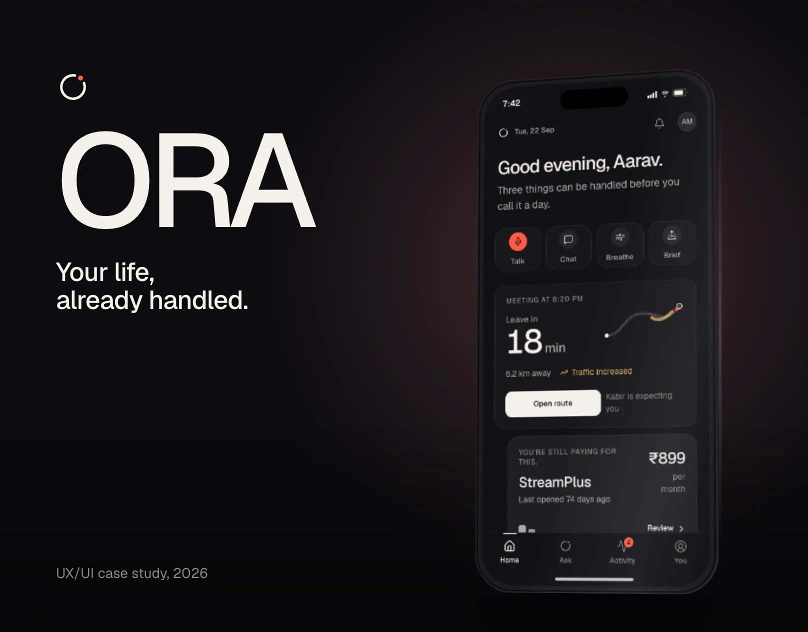 The ORA identity: a path that almost closes, with a vermilion dot