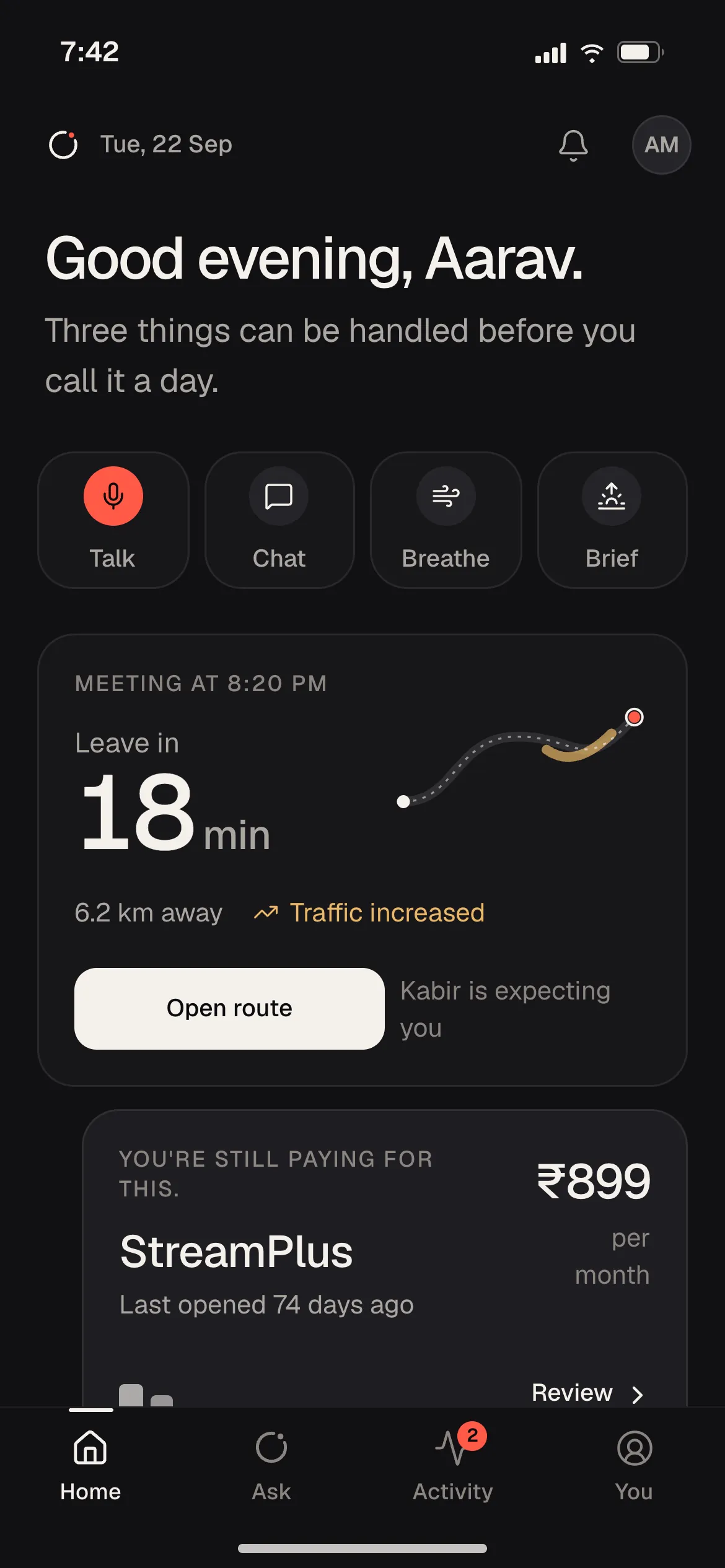 ORA home screen with the day's outcomes as task cards.