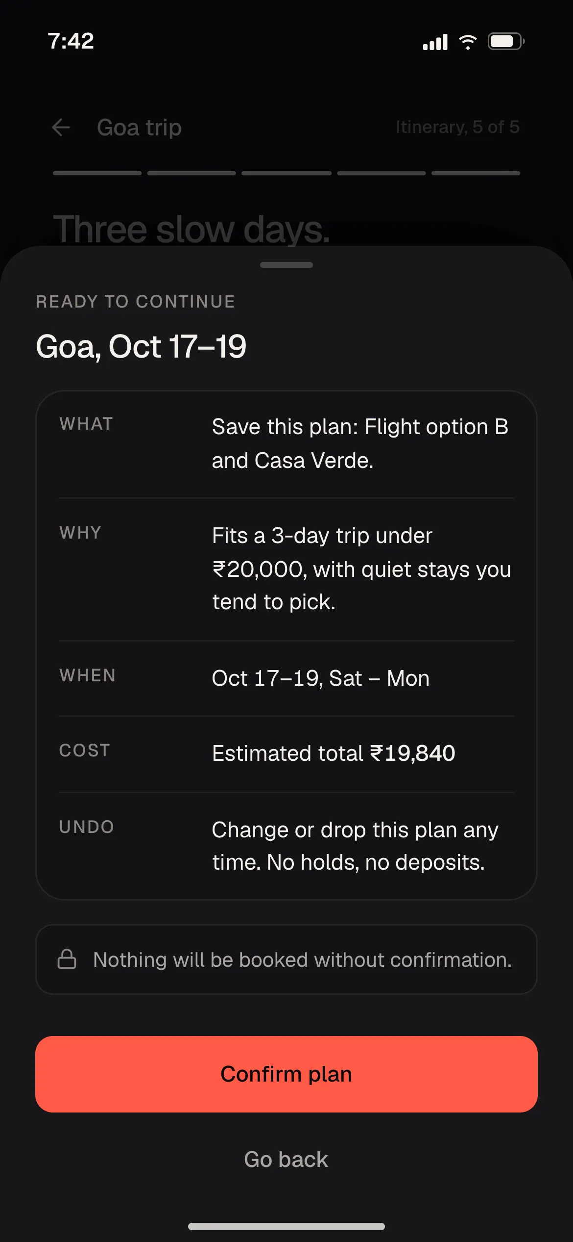 Trip approval sheet answering what, why, when, cost and undo.