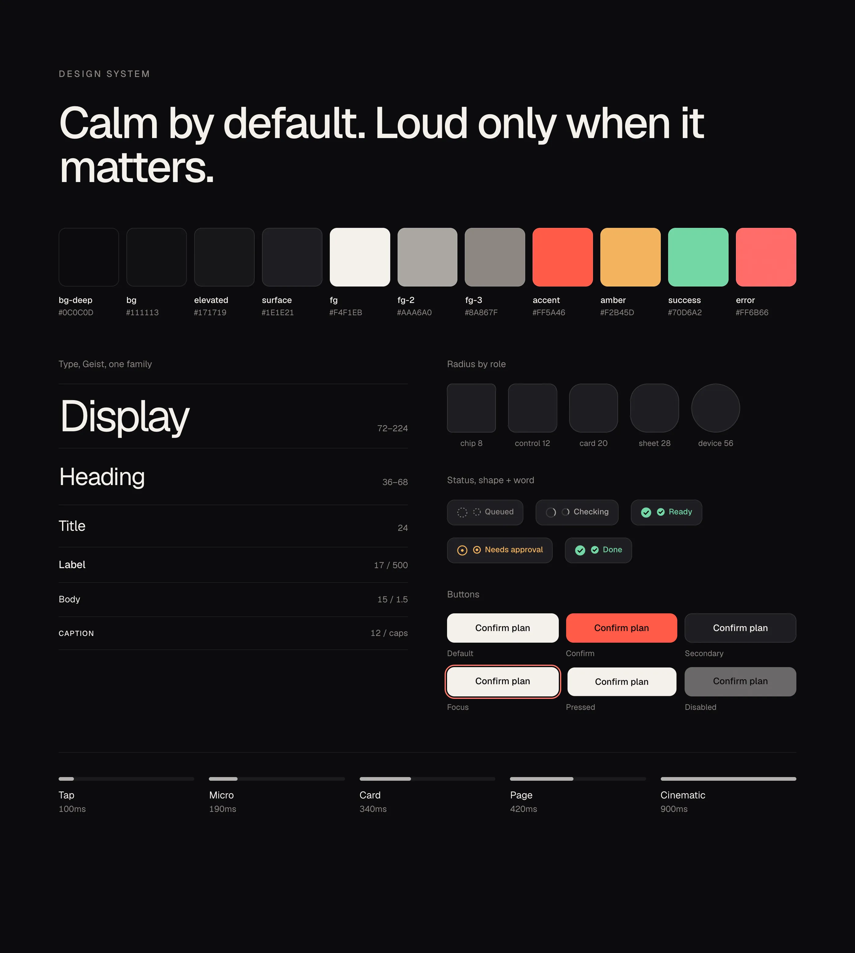 The ORA design system: colour, type and status tokens.