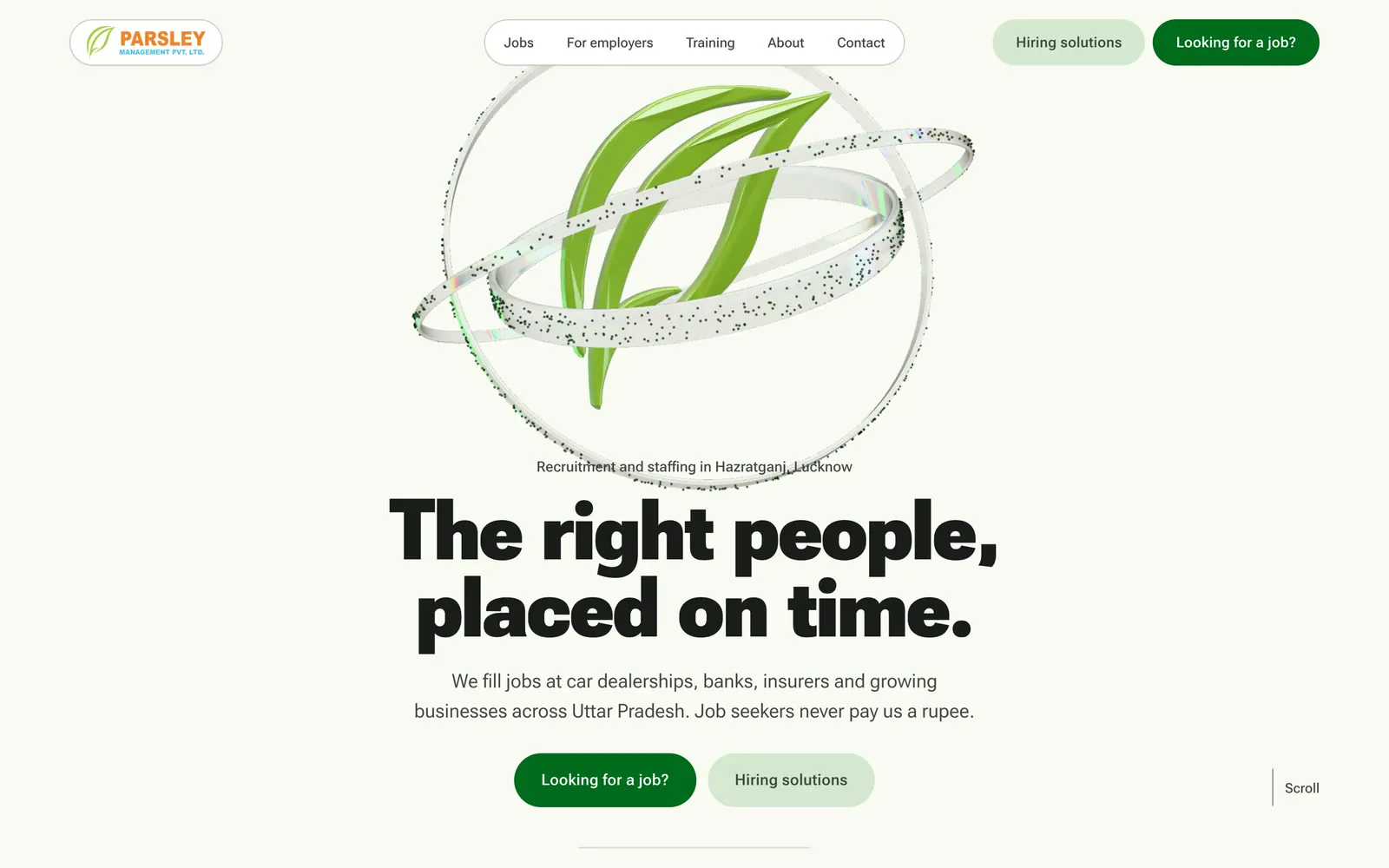 The Parsley Management homepage: the green glass leaf held by three glass bands above the headline "The right people, placed on time."