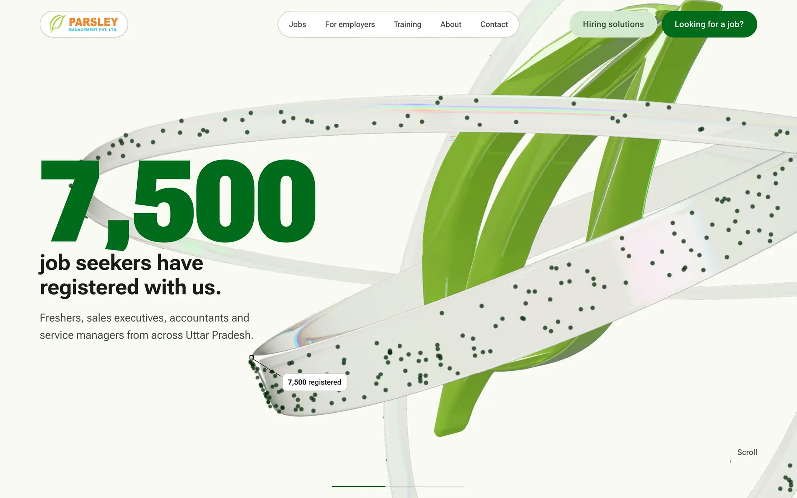 Scroll film chapter: 7,500 job seekers registered, beside a close view of the glass leaf.