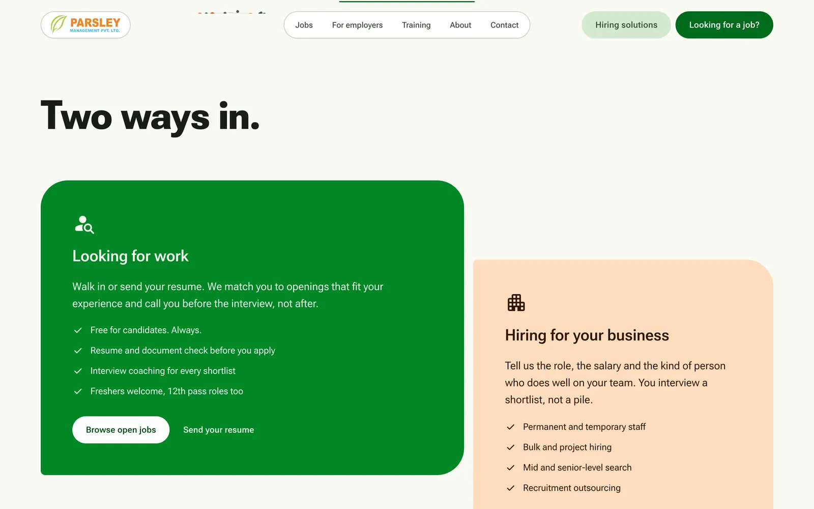 Two ways in: a large green card for job seekers and a peach card for employers.
