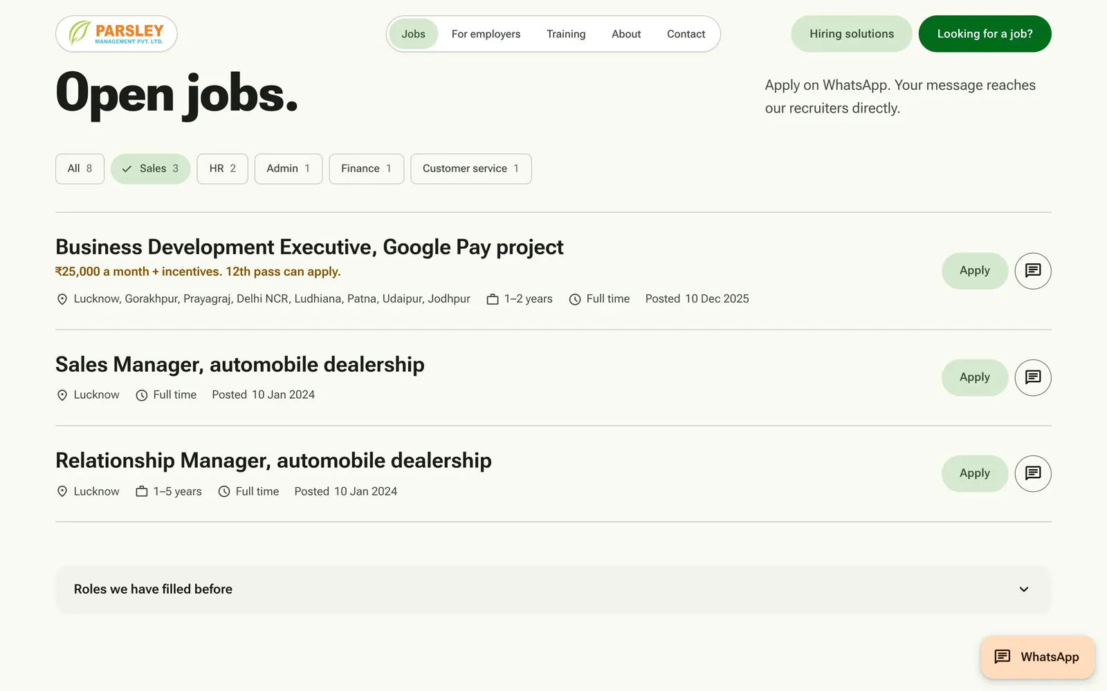 Open jobs filtered to Sales, with department chips and Apply buttons.