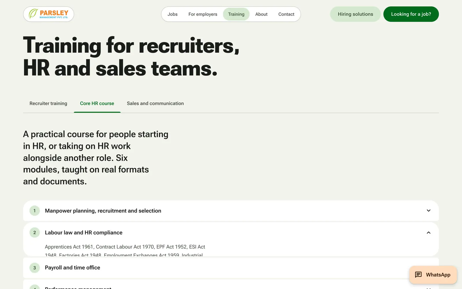 Training section with the Core HR course tab and a module expanded.