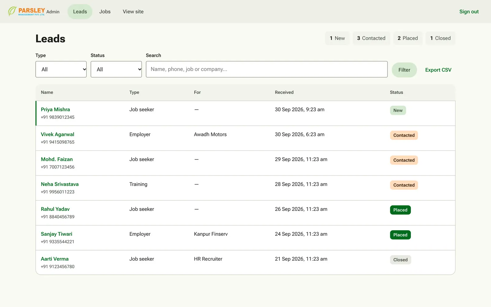 Admin leads list with type, date and status pills.
