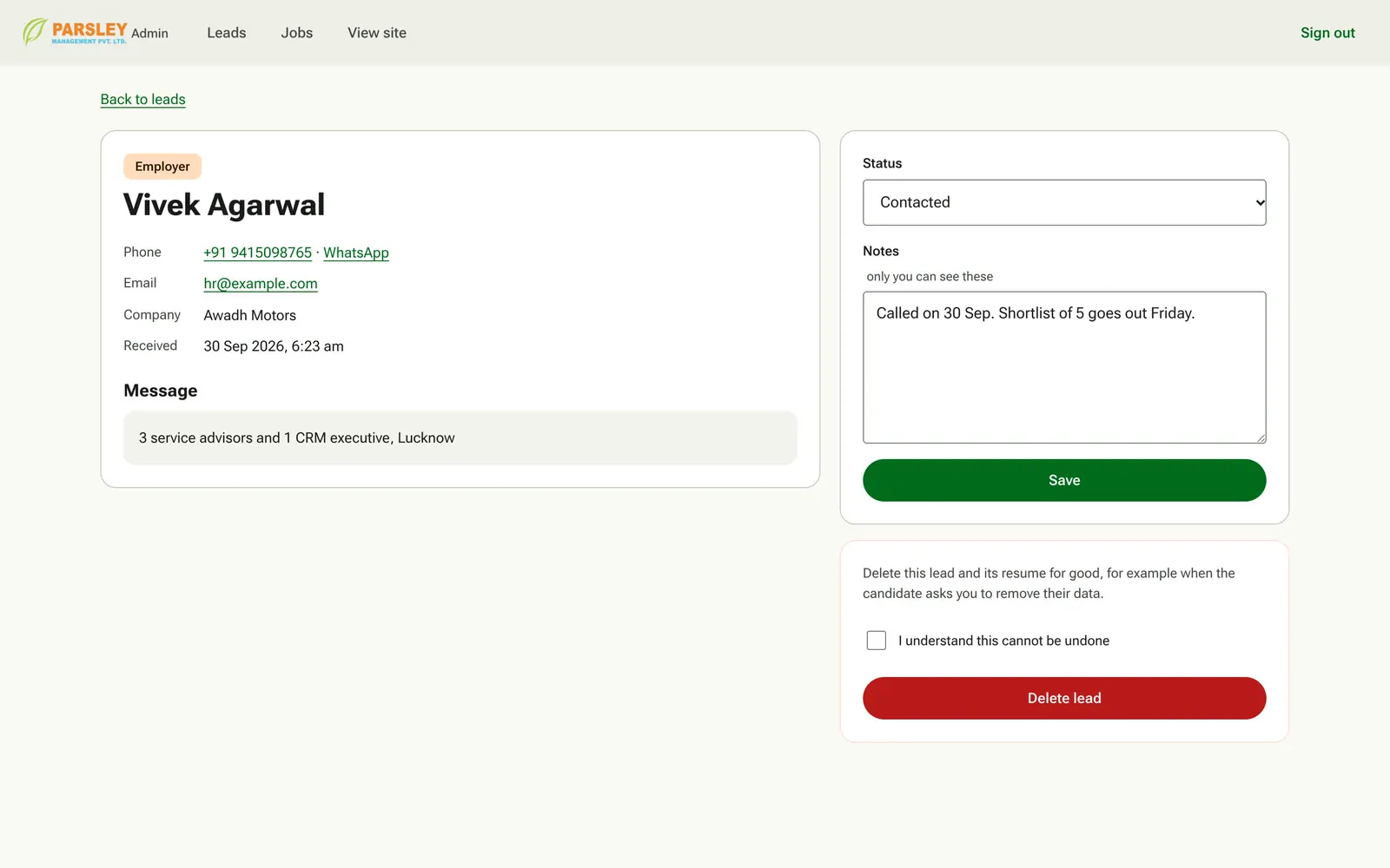 Admin lead detail with status and private notes.