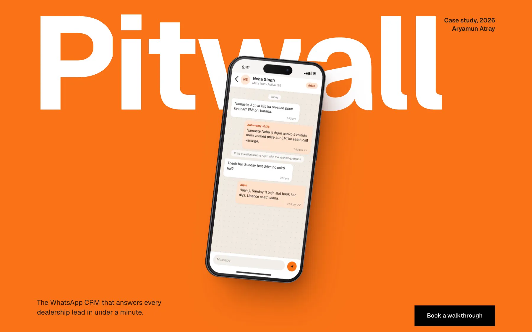 The Pitwall case study opener: the white wordmark on signal orange, with the WhatsApp chat on a phone.