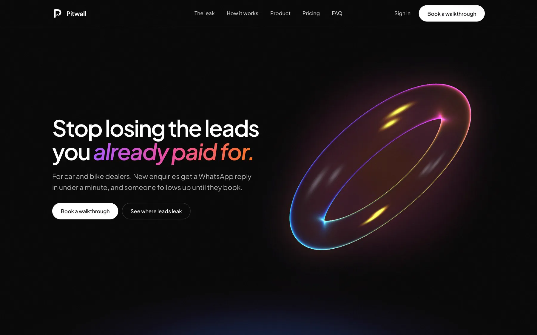 The Pitwall landing page: "Stop losing the leads you already paid for" beside a glowing glass steering wheel.