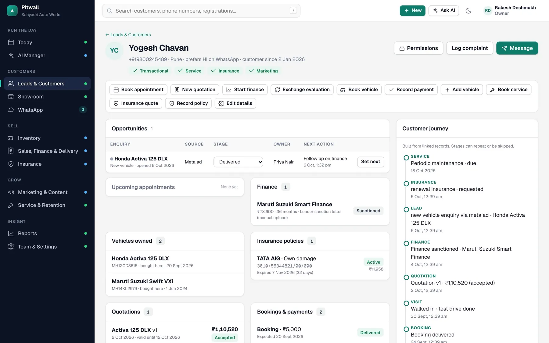 A customer record with enquiries, finance, vehicles, insurance and bookings.