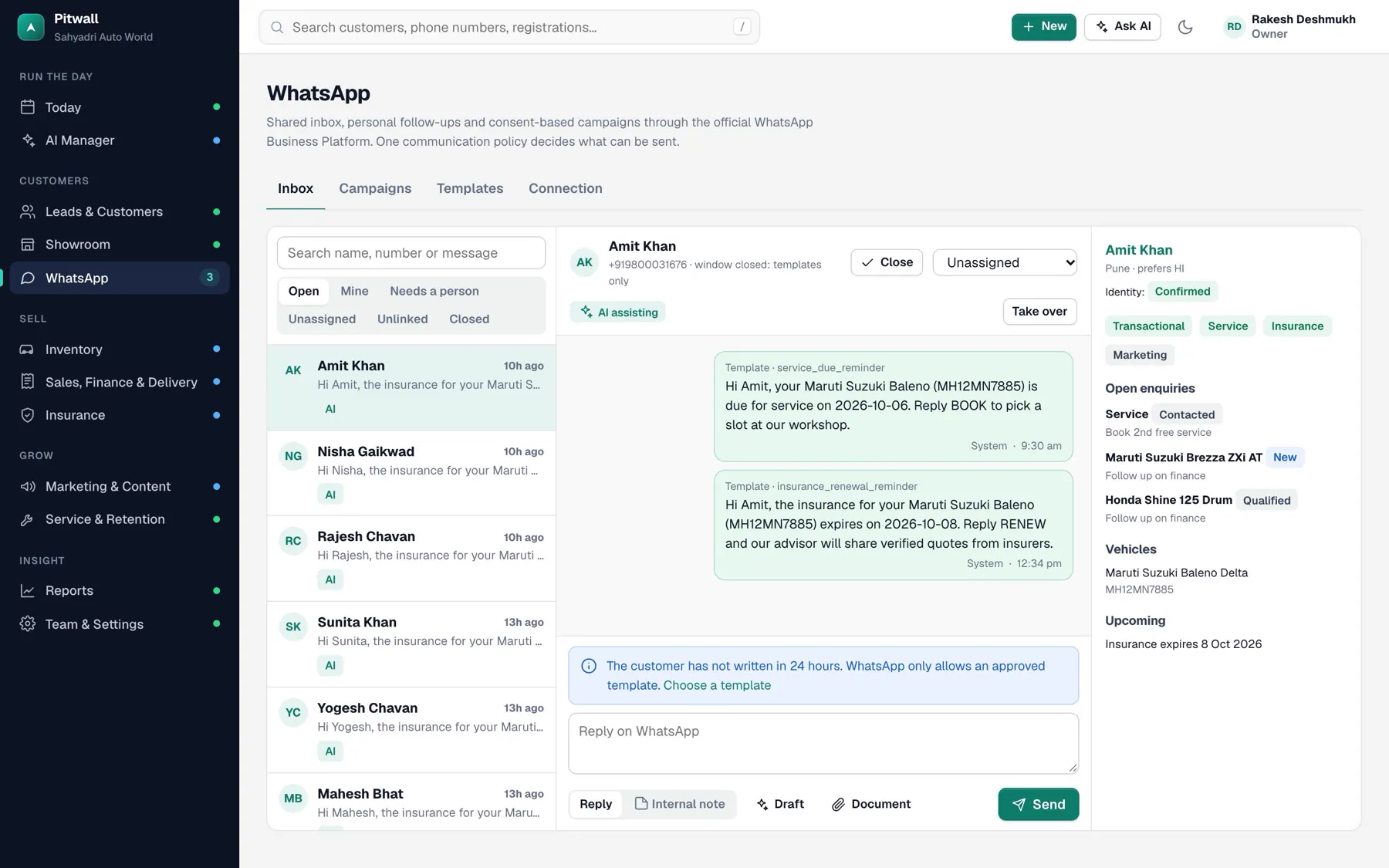 The shared WhatsApp inbox with a conversation and the customer's enquiries.