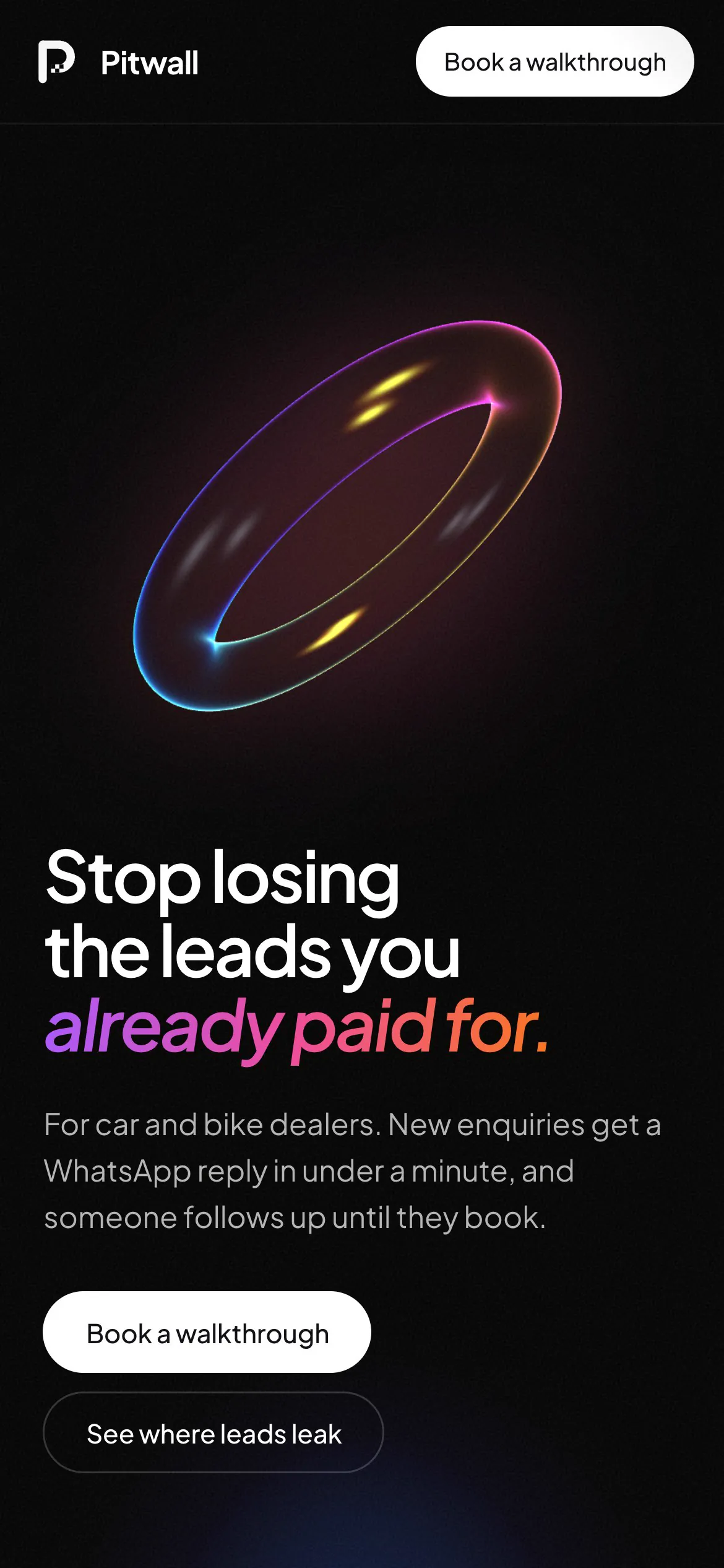 The Pitwall landing page on a phone.