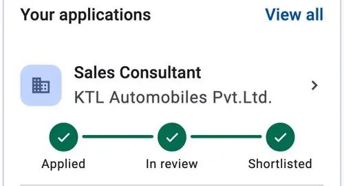 Application card with a three-step track: applied, in review, shortlisted