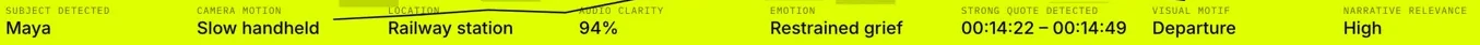 Detected subject, camera motion, location, audio clarity, emotion, quote, motif and relevance