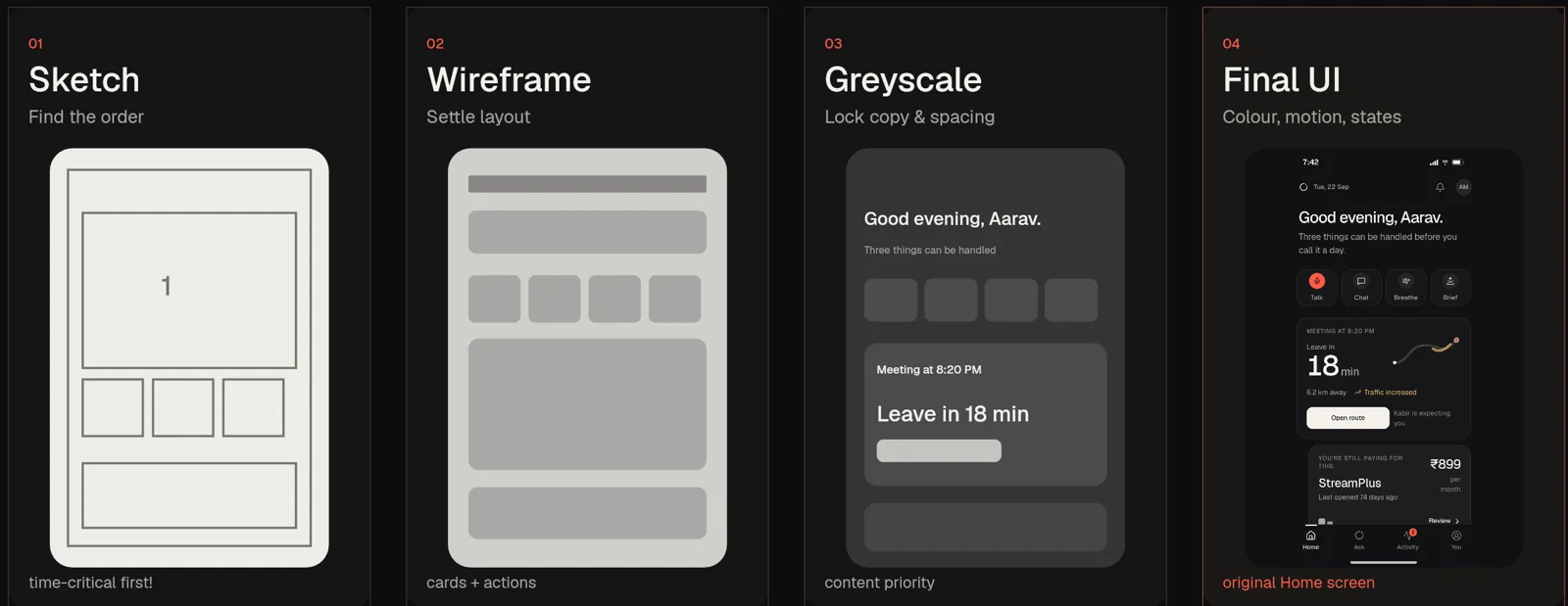 The Home screen in four passes: sketch, wireframe, greyscale, final UI