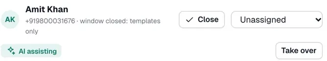 A chat header showing the window is closed and only templates can be sent, with a Take over button